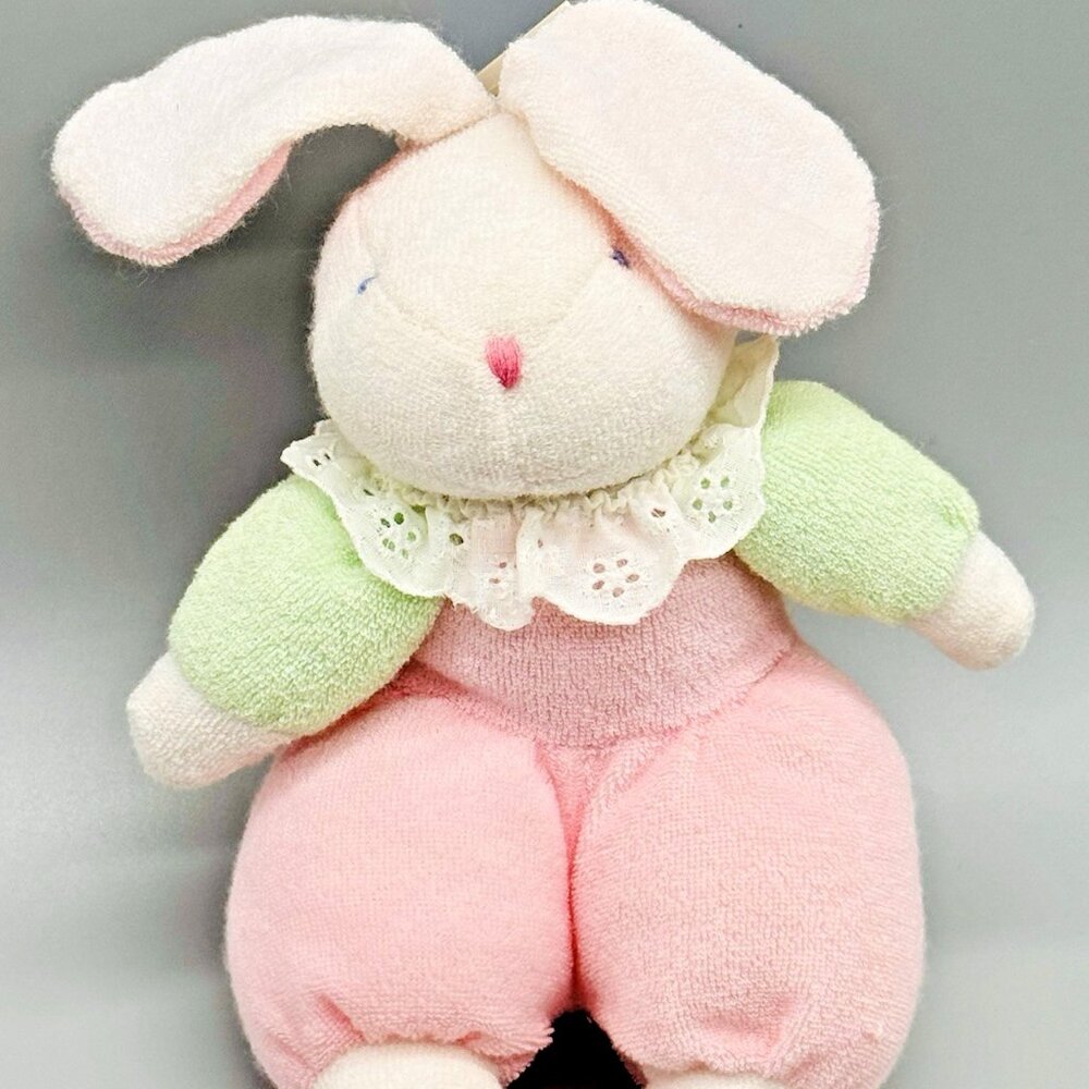 First Peek Terry Cloth Bunny Rabbit Plush‎ Color Block Rattle 8" Pink Green TAGS